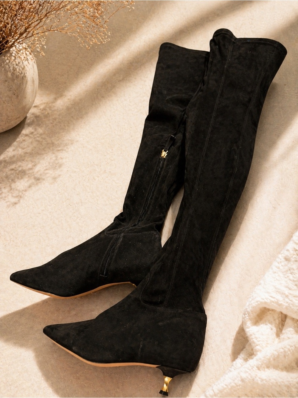 Valentino Garavani OTK Boots Black Stretch Suede Gold Heel 39 / US 8–8.5 NWT - Picture 5 of 10